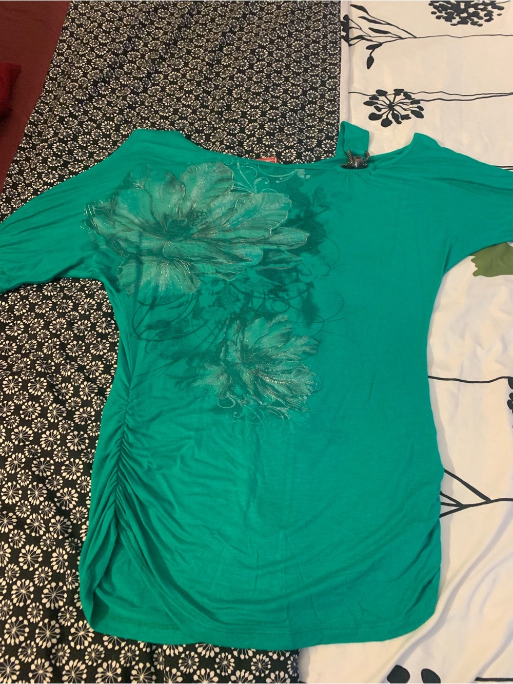 Fashion Magazine Teal Floral Ruched Side Tunic